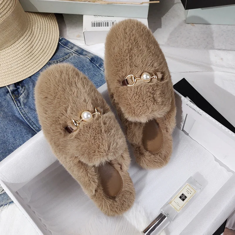 

Women's Autumn And Winter Faux Mink Fur Half Slippers Female Baotou Lazy Outer Wear Muller Shoes Cotton Slides Large Size 34-44