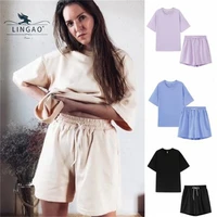 2021 summer tracksuits womens two peices set leisure outfits cotton oversized t shirts girl high waist shorts multi color select