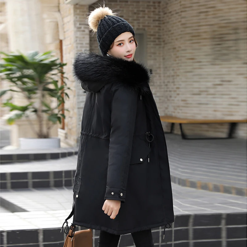 

Women's Winter Long Jacket Hooded Wool Liner Black Woman Parkas Slim Plus Size with Fur Collar Thick Casual Female Cold Coat
