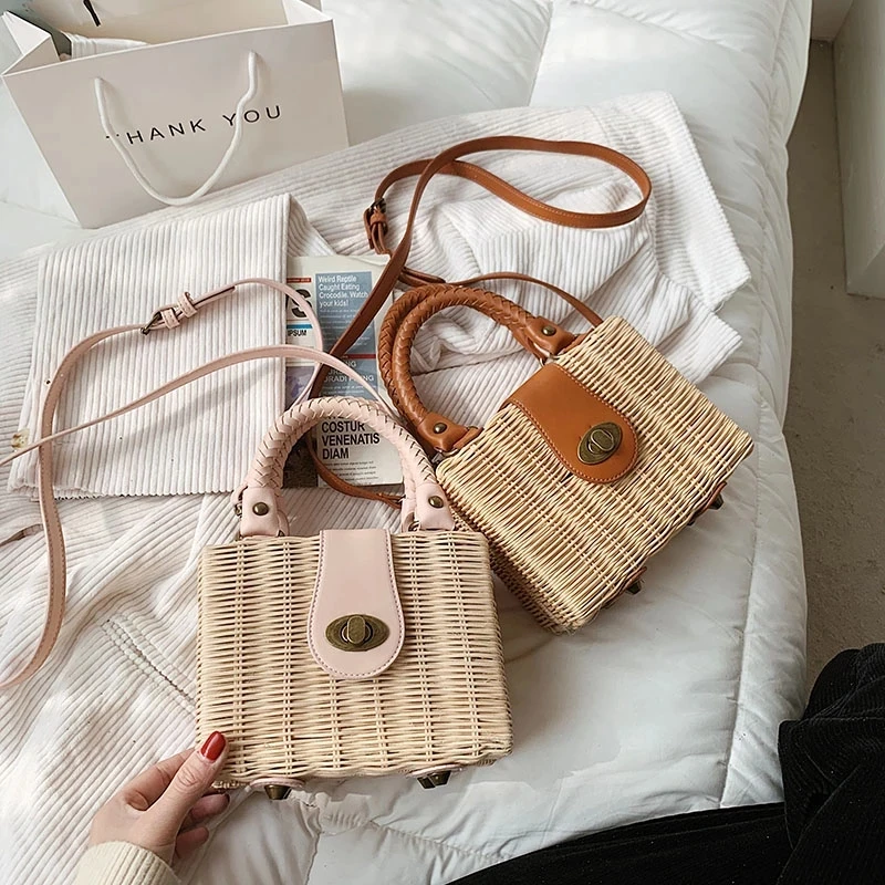 Mini Straw Crossbody Shoulder Bags for Women 2021 Summer Luxury Handbags and Purses Beach Travel Weave Square Totes Fashion