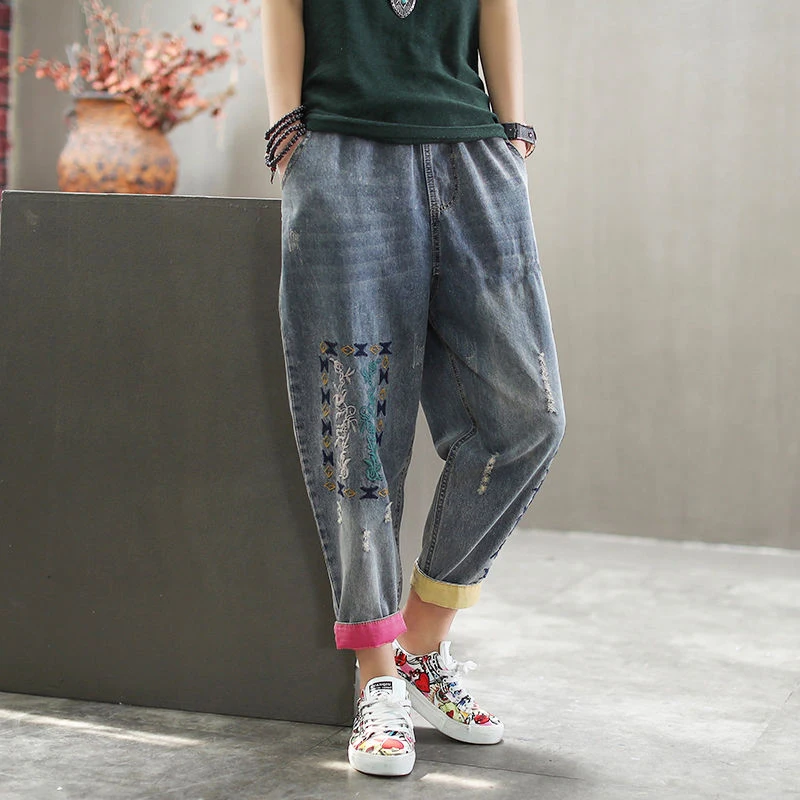 

New 2021 Spring Korea Fashion Women Elastic Waist Denim Harem Pants Patchwork embroidery Loose Ripped Jeans S634