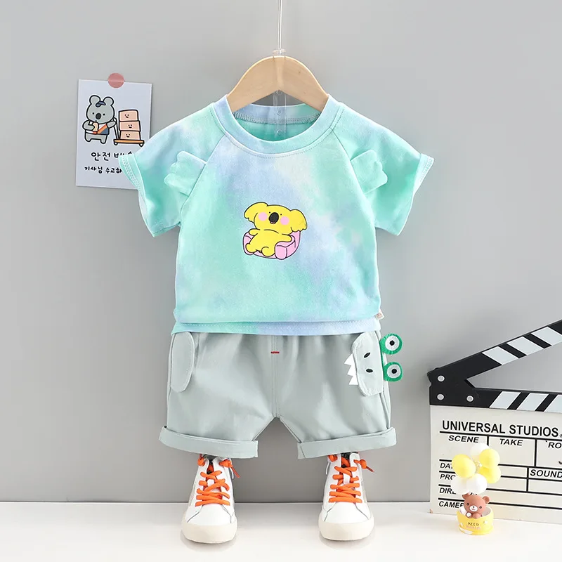 

New Summer Toddler Boys Fashion Tie-dyed Clothes Sets Baby Girls Cartoon O-neck Shirts+cartoon Patchwork Shorts Kids Outfits