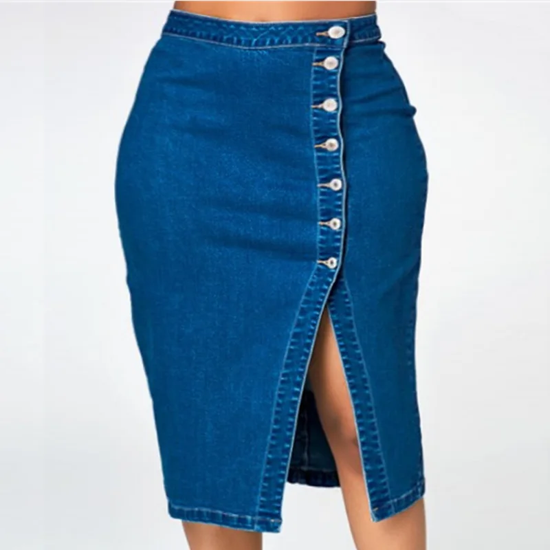 

WEPBEL Denim Skirt Women's Casual Slim Fit Slit Skirt Summer Fashion Solid Color High Waist Single-Breasted Split Denim Skirt