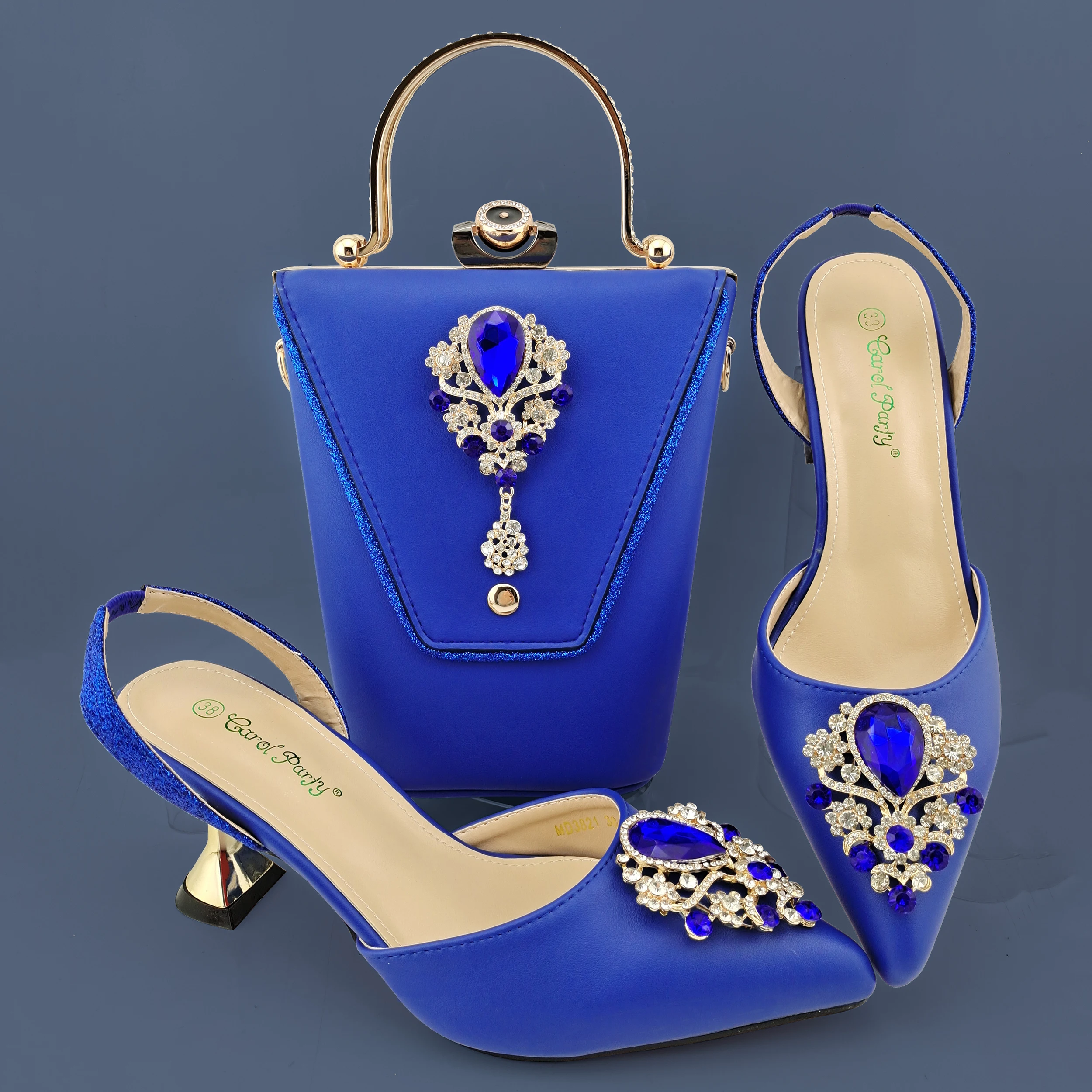 Итальянские туфли, подходящая сумка для вечерние НКИ с камнями, свадебные женские туфли-лодочки высокого качества, Королевский синий цвет, ...