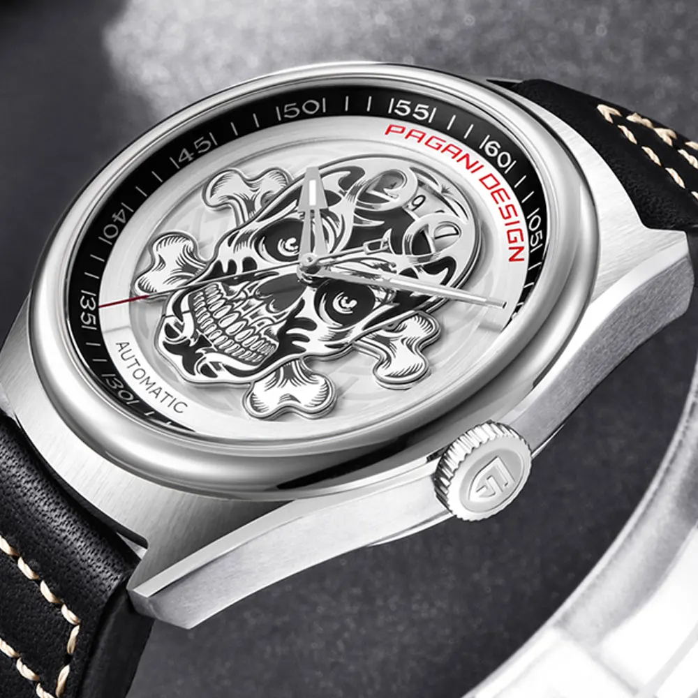 Мужские классические часы Pagani дизайнерские кожаные с белым циферблатом и