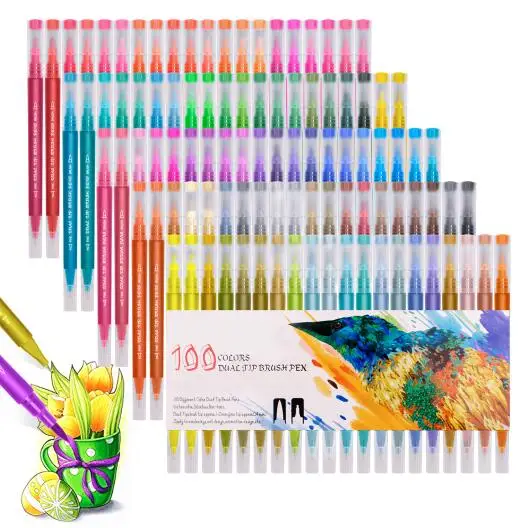 100 Colors Двойная щетка ручки Набор для рисования 60/72/100 Цвет ing каллиграфия/чертёжное перо воды Цвет кисть офисные и школьные принадлежности - Цвет: 100 Colors