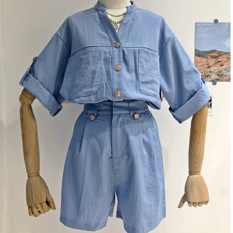 

Summer Casual Women's Shorts Set Loose Blue Stand-Up Collar Shirt Shorts Two-Piece Set 2021 Female Outfit