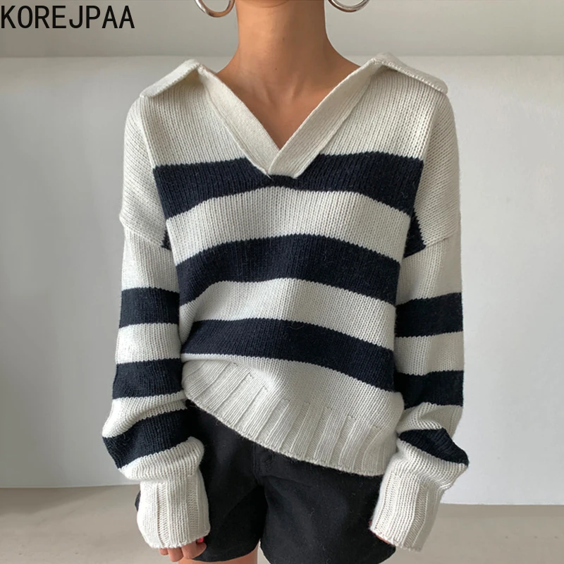 

Korejpaa Hit Color Striped Pullover Women Turn-down Collar Long Sleeve Casual Fashion Sweater Knitwear Autumn Winter Top New