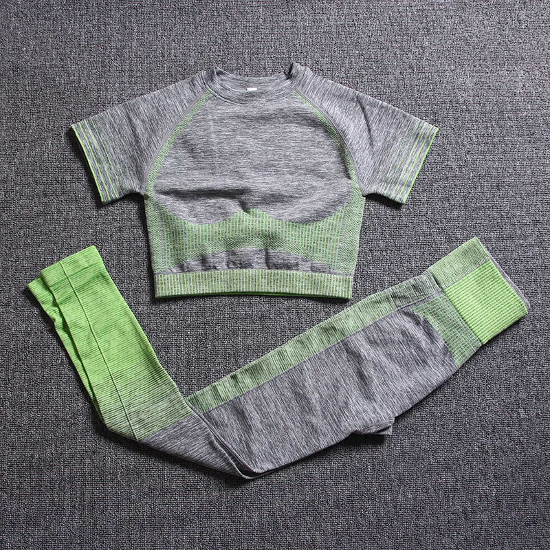 

Gradient color yoga wear Comfortable and breathable sport suit Women Yoga Sets Yoga Short Sleeve High Waist Sport Leggings