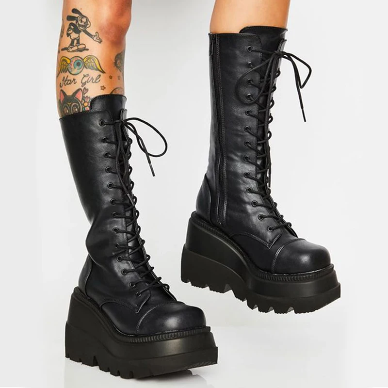 

Brand Design Gothic Platform Wedges Motorcycle Boots Street Punk Trendy Black Zip High Heels Comfy Walking Big Size Women Shoes