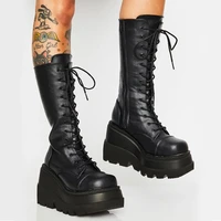 brand design gothic platform wedges motorcycle boots street punk trendy black zip high heels comfy walking big size women shoes