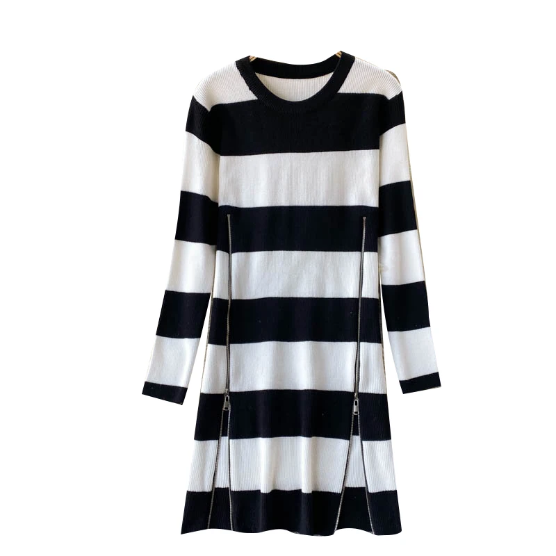 

Design Zipper Split Knitted Dress Women Casual Loose Long Sleeve Jumper Winter Korean Striped Short Sweater Dresses