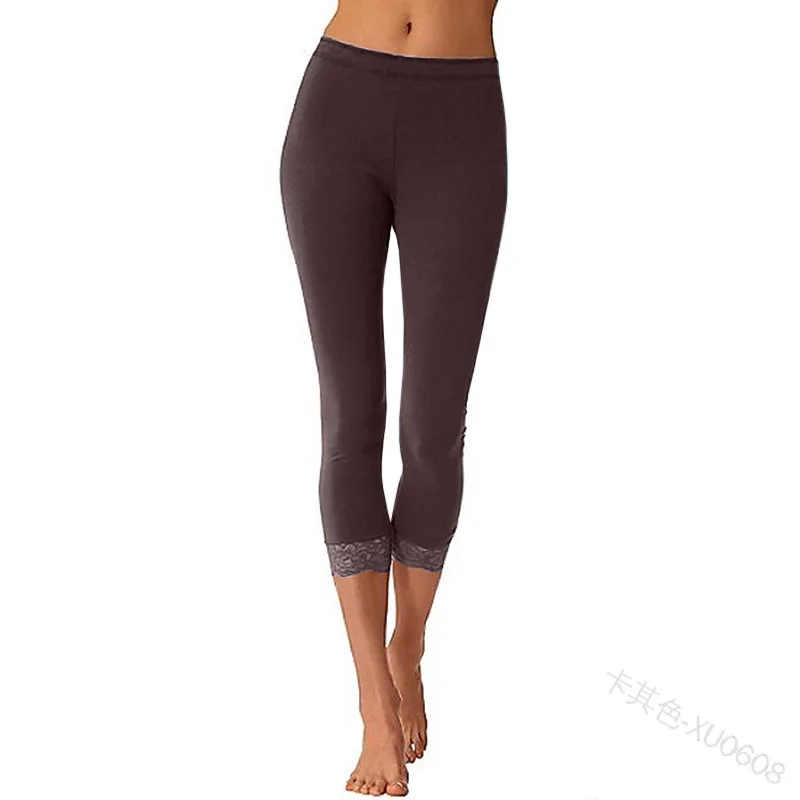 

Mandylandy Fashion Women Leggings Pants Solid Lace Hem Sexy Stretchy Capri Leggings Ladies Fitness Cropped Pants Pencil Pants