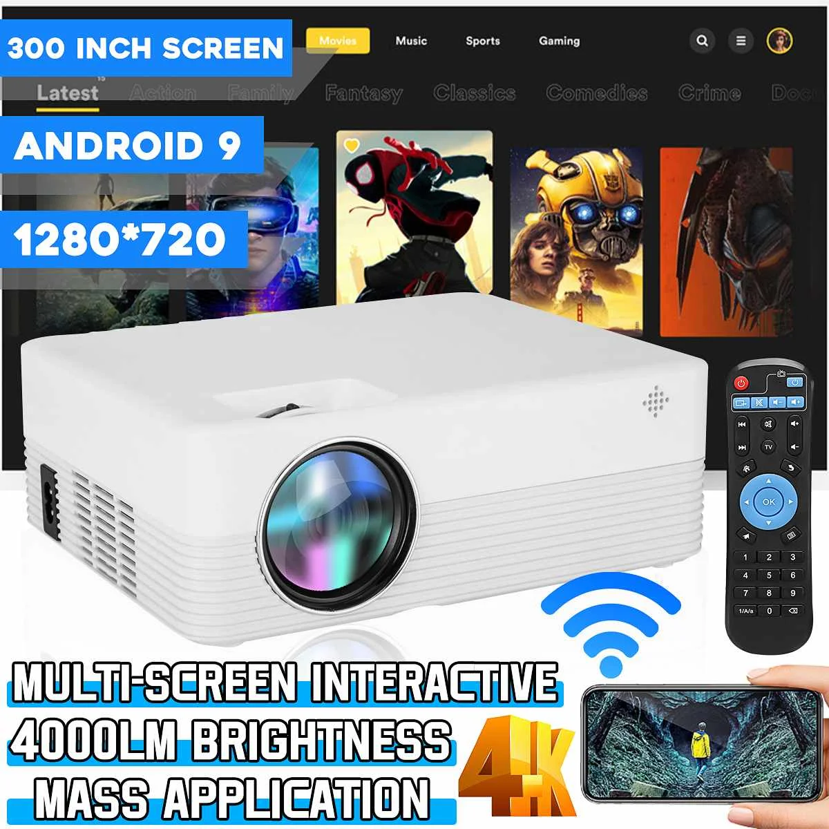 

1+8G 4K Ultra HD Projector 1280P Android Smart Projector Home WiFi Mobile Phone Wireless Same Screen Home Theater