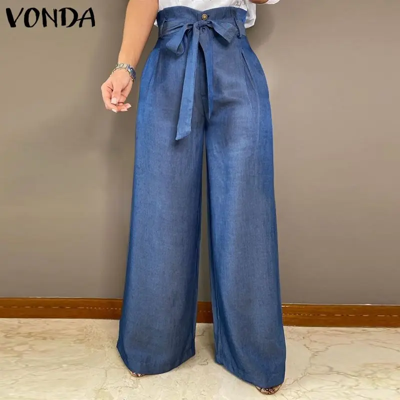 

VONDA Women's Trousers Autumn Party Denim Palazzo Pants High Waist Wide Leg Long Pants Hosen Damen Oversizes Loose Pantalones