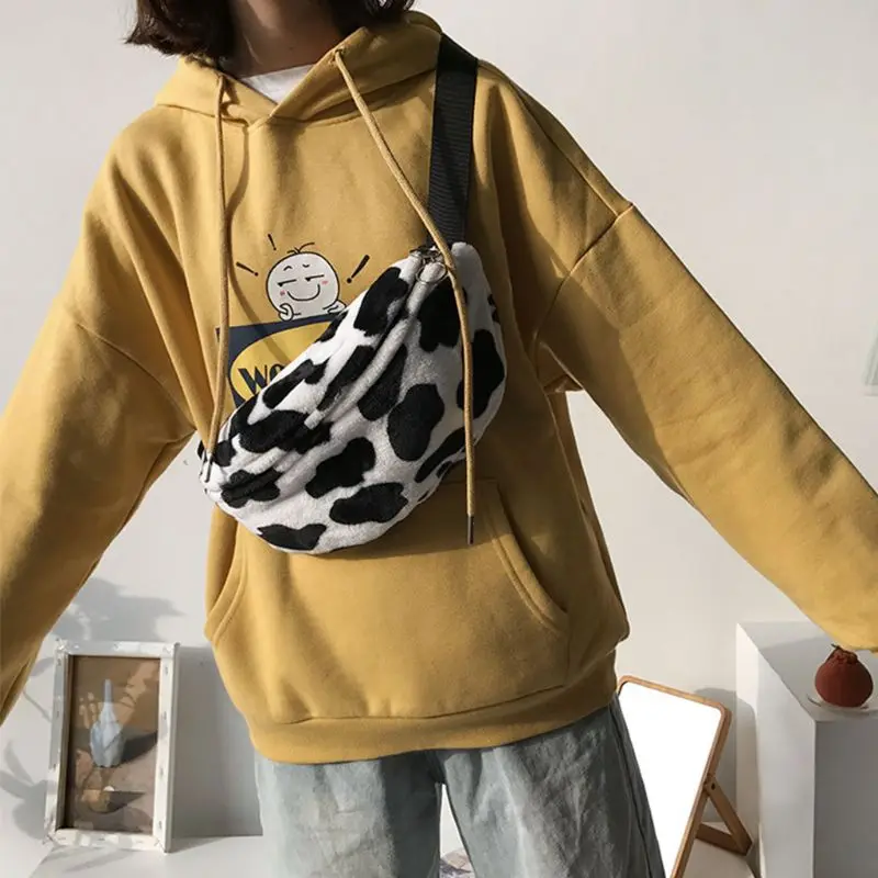 

Women Cow Print Plush Waist Fanny Pack Pouch Travel Hip Bum Shoulder Bags Purse