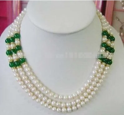 

3 Rows Real Freshwater White 7-8mm Pearl Green Jade Crystal Clasp Necklace 17-19"