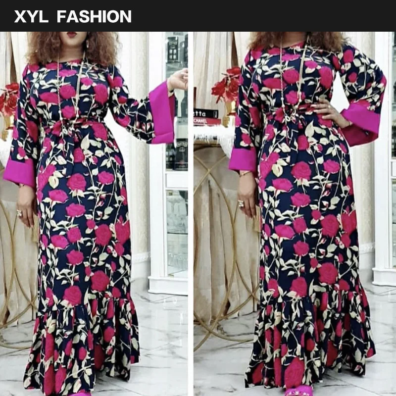 

African Abaya Print Floral Dashiki Dress Long Sleeve Abaya Hijab Muslim Bazin Design Long Maxi Robe Gowns Riche Sexy Lady