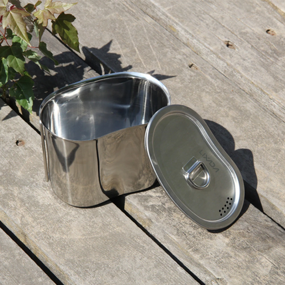 

Outdoor Foldable Picnic Canteen Cup Stainless Steel Flatware with Handles and Lid Camping Hiking Backpacking Tableware