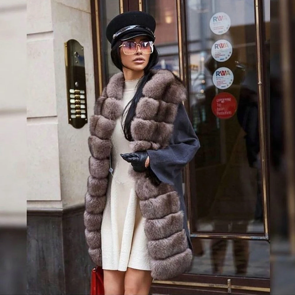 Fashion Long Fox Fur Cashmere Coat with Belt Slim Women Winter New Wool Blends Coat with Long Fox Fur Collar Natural Overcoats enlarge