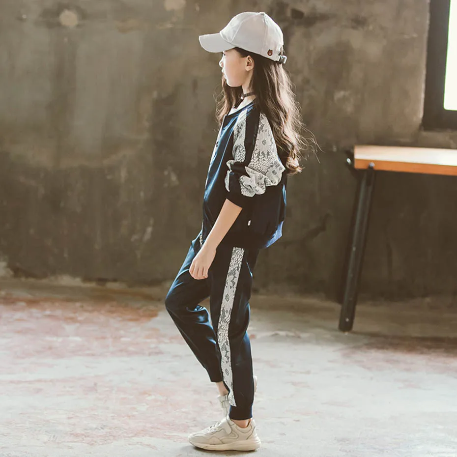 Спортивная одежда для девочек кружевная в полоску куртка + штаны детская