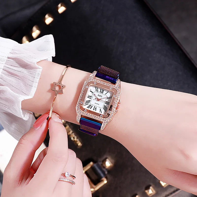 Женские магнитные часы фиолетовые квадратные роскошные ЖЕНСКИЕ НАРЯДНЫЕ с