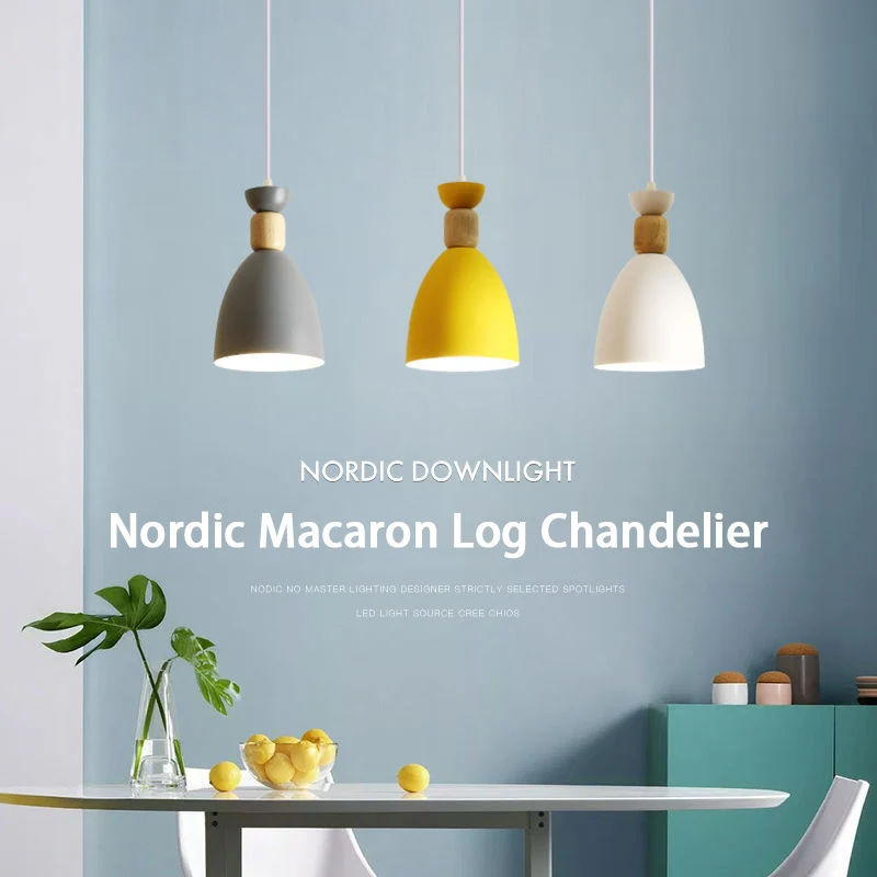 

Nordic Lamps LED E27 Chandelier Modern Macarons Hallway Home Loft Bedroom Wrought Iron Wooden Decorative White Pendant Lights