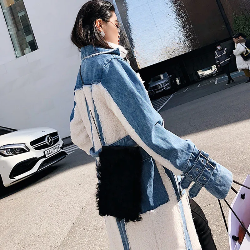 TWOTWINSTYLE Hit Color Patchwork Denim Tassel Trench Coats For Women Lapel Collar High Waist Sashes Windbreakers Autumn New