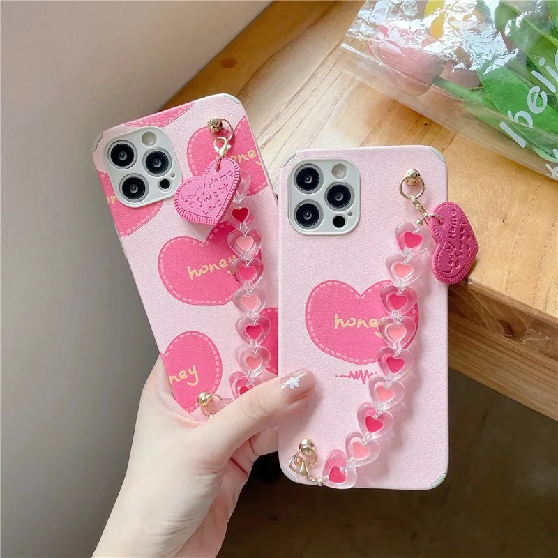 

Fashion Love Wristband Leather Soft Case For Iphone 11 12 Pro Max Mini 7 8 Plus Xr X Xs Se 2 Silicone Female Phone Cover Fundas