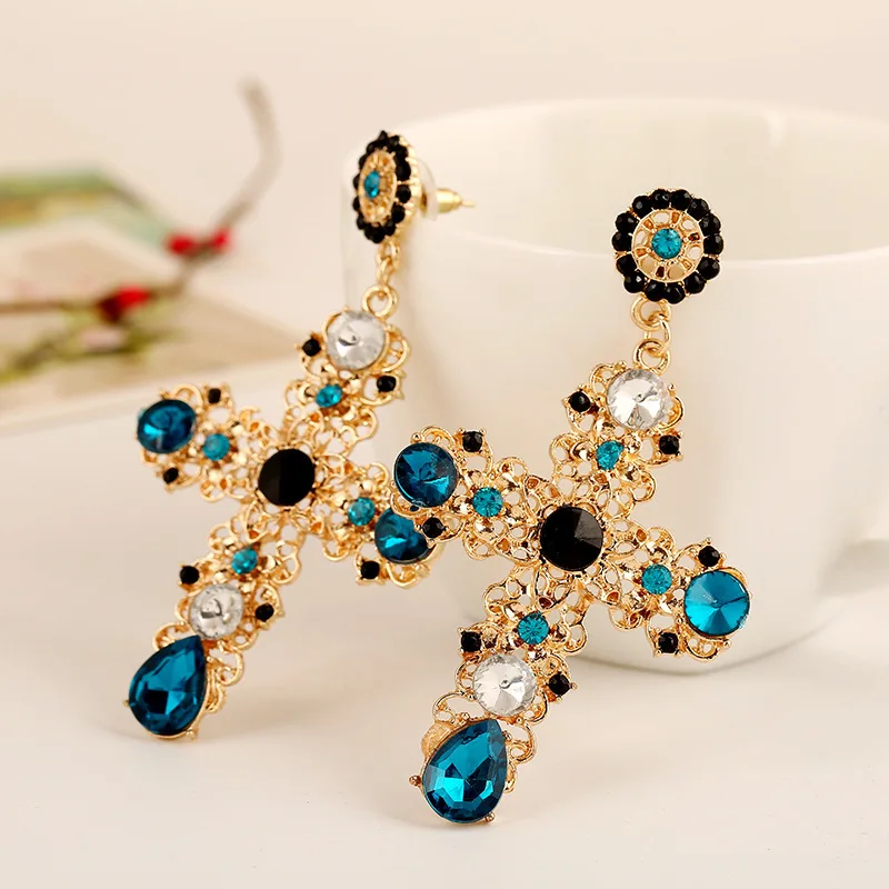 

New Style Baroque Bohemian Retro Charm Lady Black Pink Crystal Cross Drop Earrings Elegant Women Cocktail Party Jewelry