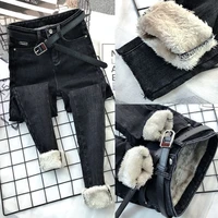 light blue high waisted thick lamb velvet jeans womens winter warmth and velvet cotton trousers thick pencil feet boots pants