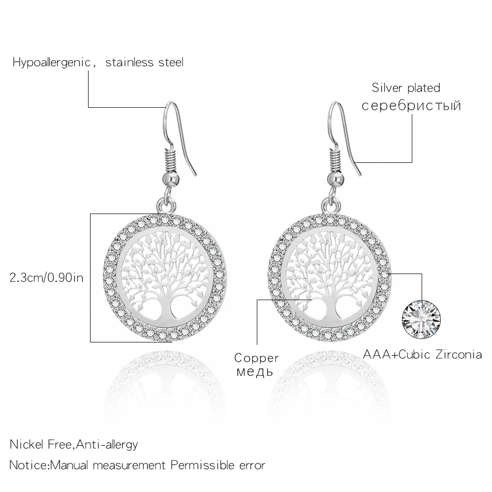

JESSIC Gold Crystal Drop Earrings Women Hollow Out Tree of Life Pattern Round Earring moda mujer Jewelry Fashion Pendientes