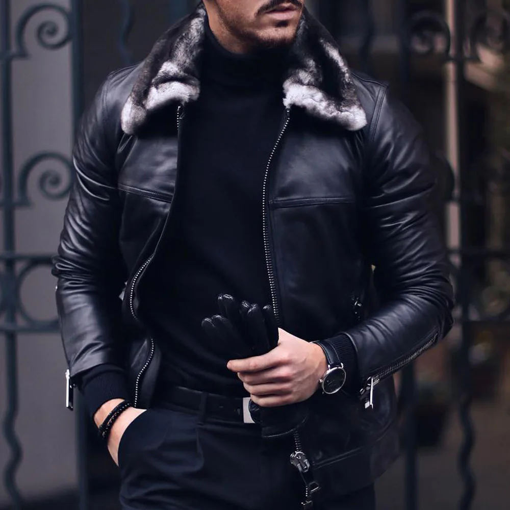 

2022 Cool Men Leather Jacket Faux Fur Collar Zip Up Outwear Man Motorcycle Windbreaker Black PU Coat Autumn Winter Clothing Tops