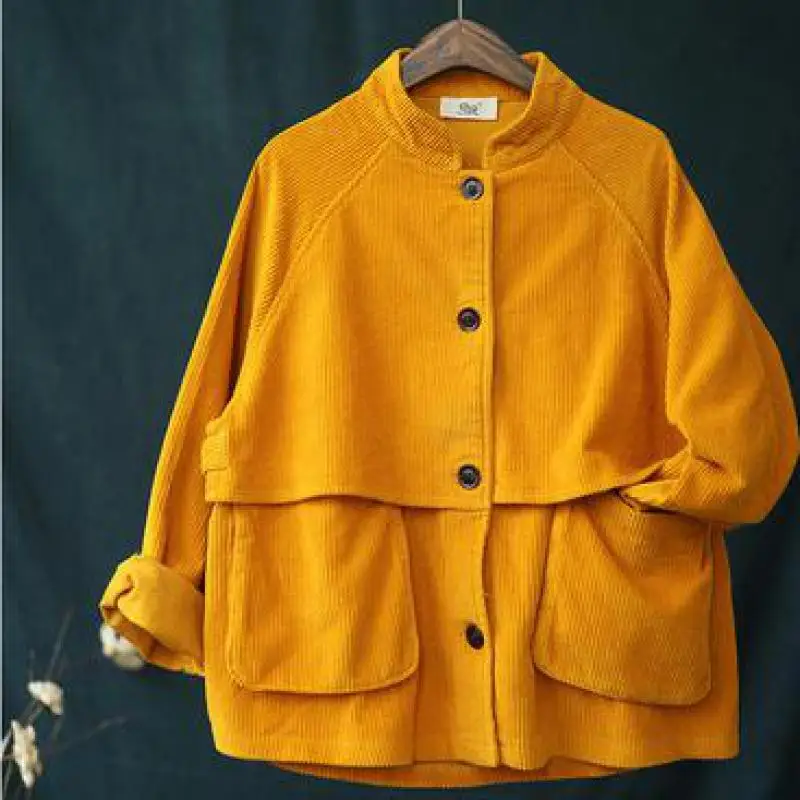Dark yellow Johnature осеннее повседневное модное лоскутное вельветовое пальто с карманами и стоячим воротником Новое однотонное винтажное женское короткое пальто с длинным рукавом - Цвет: Dark yellow
