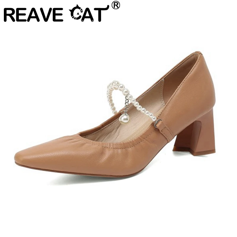 

REAVE CAT New 2021 Ladies Pumps Pointed Toe 5cm Block Heels Genuine Leather Simple Pearl Elegent Size 33-40 Casual Date A3424