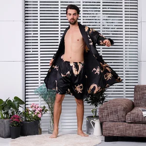 Image for Black Two-piece Robe Suit Male Silk Dragon Dressin 