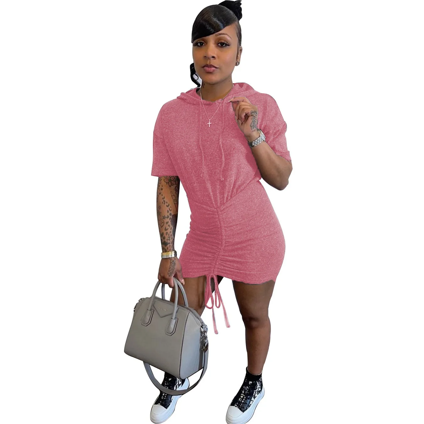 Женское облегающее платье с коротким рукавом плиссированное хлопковое мини