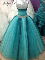 bealegantom custom made 2021 quinceanera dresses ball gown spaghetti straps tulle beaded crystals green evening party dress qd78