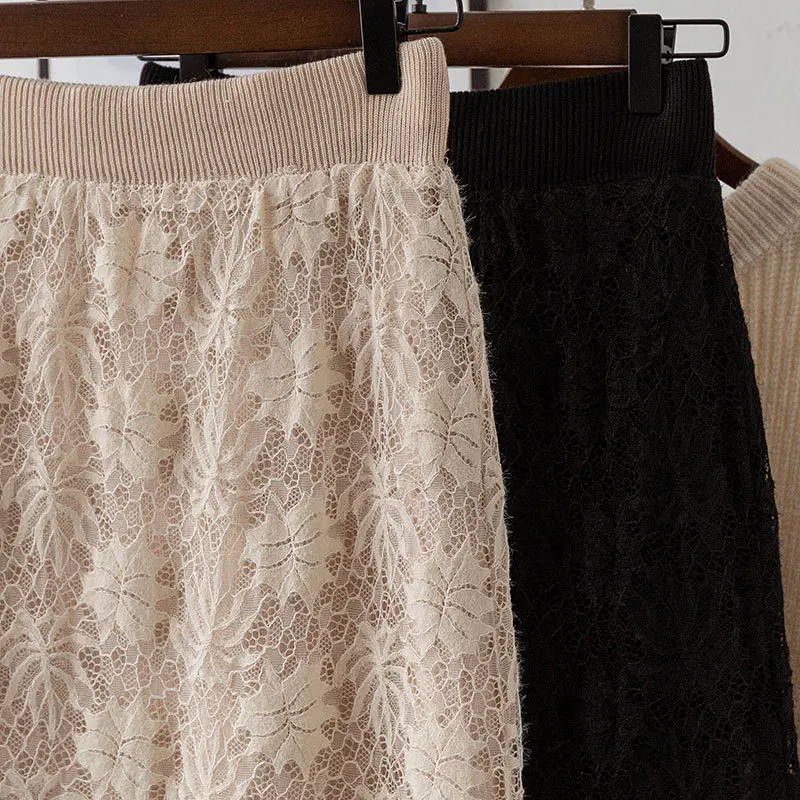 2019 High Waist Knitted Two Side Wear Women Winter Midi Lace Skirt Chic Autumn Thick Faldas Jupe Femme Saia | Женская одежда