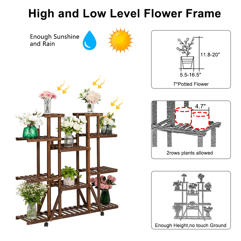 

High Quality 6-Story 11-Seat Indoor And Outdoor Multi-Function Carbonized Ribbon Wheel Wooden Plant Stand
