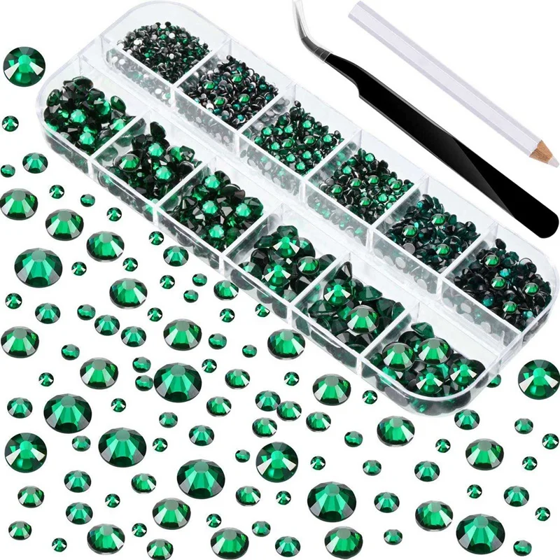 

2set Flat Back Gems Round Crystal Rhinestones with Tweezer and Picking Pen for Crafts Nail Art DIY Green & Rose Gold