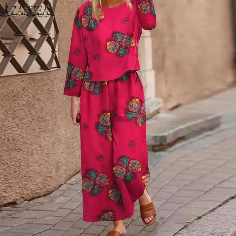 

Elastic waist Loose Wide-legged Holiday Pant ZANZEA Autumn Bohemian Womens Flower Printing Suit 2PCS Full sleeves O-Neck Blouse
