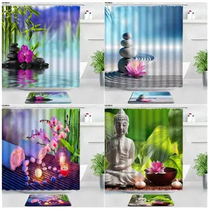 zen green bamboo buddha shower curtains bath mats set black stone flowers garden scenery bathroom carpet non slip rug home decor free global shipping