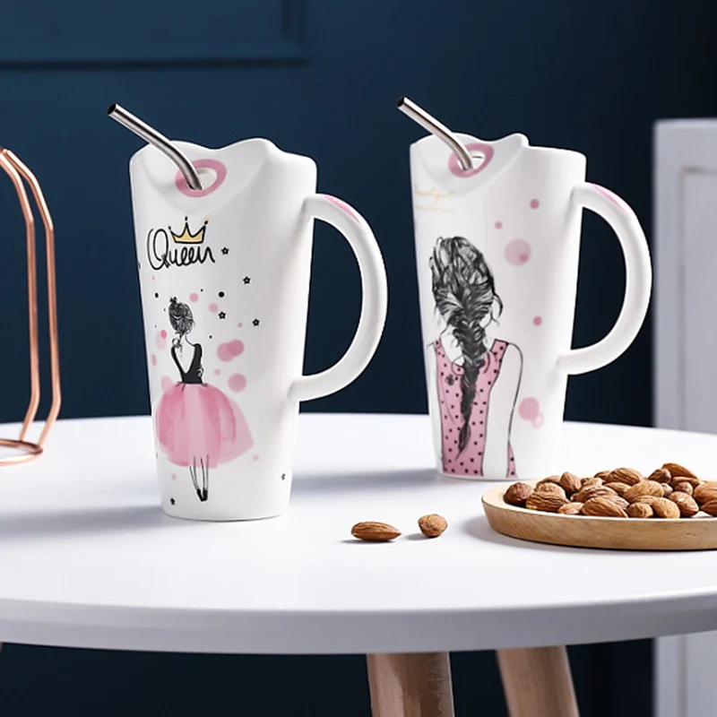 Ceramic Mug beautiful girl cup with straw microwave milk Office Christmas Decorations 2020 New | Дом и сад