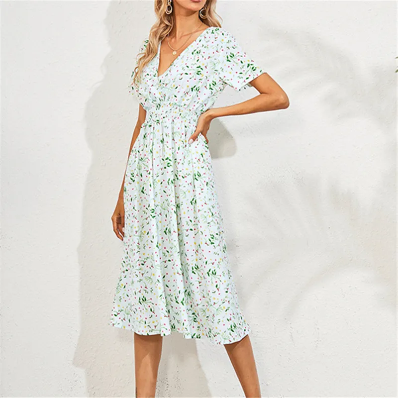 

Women Summer New Bohemian High Waist Dress Korean Floral Printing V-Neck Ruched Short Sleeve Dress Sundress Holiday Beach Dress