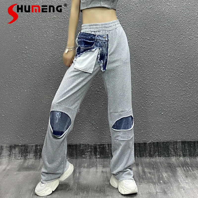 

Ripped Light Blue Stitching Jeans for Women 2021 Spring Woman Elastic High Waist Loose Straight Denim Mop Pants Trousers Female