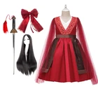 Хэллоуин Рождество Косплей Мулан костюм летнее платье на день рождения вечерние фатиновые красные платья с длинными рукавами для девочек; Повязка на голову с бантом, Gongfu меч