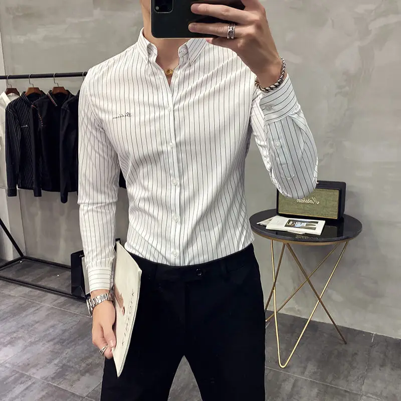 

Мужская рубашка в полоску с длинным рукавом в Корейском стиле Slim Fit с вышитой надписью и принтом повседневное пальто бизнес мода Лидер прода...