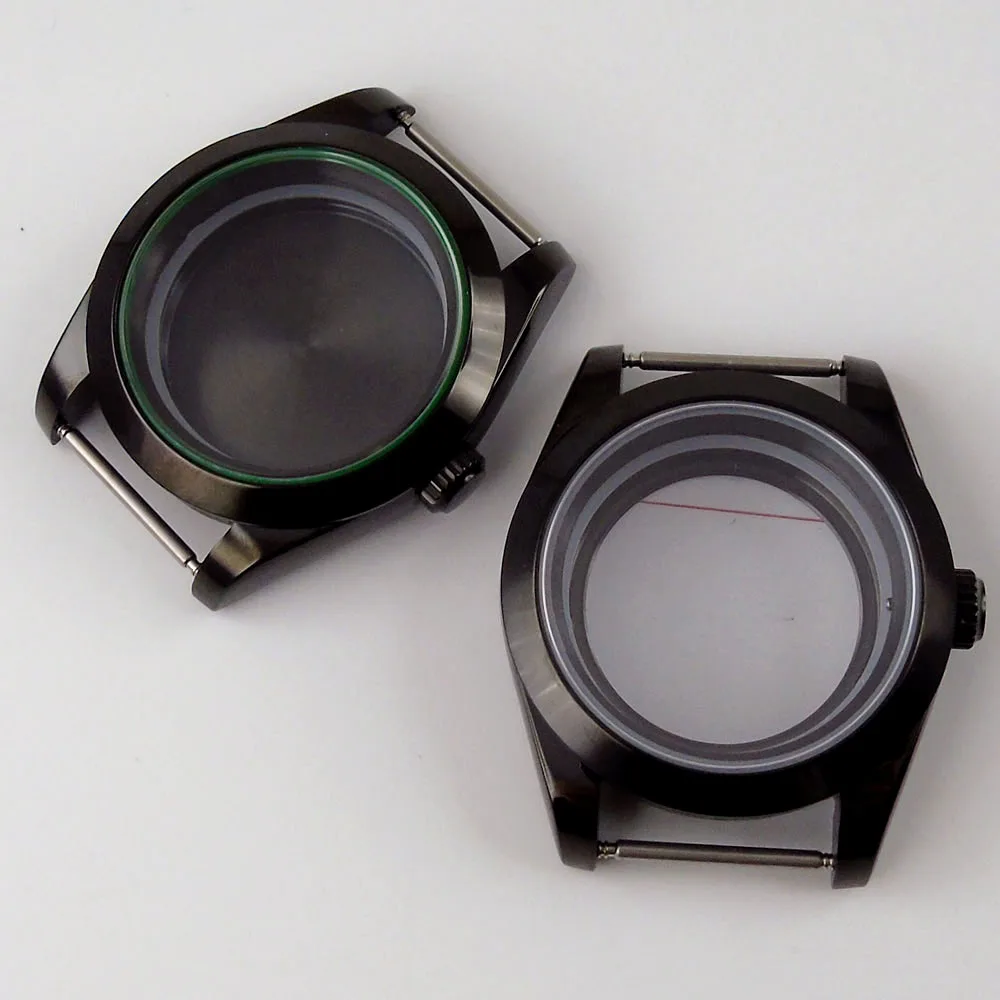 

Black 39mm Polished PVD Watch Case Flat Sapphire Glass for NH35 NH36 Movement Seeing / Mental Back Screw Crown