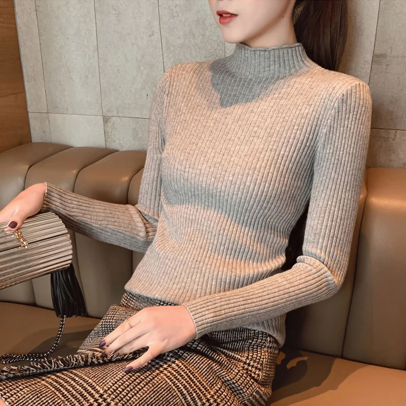

2019 New autumn winter sweater female high collar loose solid color Large size casual stretch pullover sweater cc1577